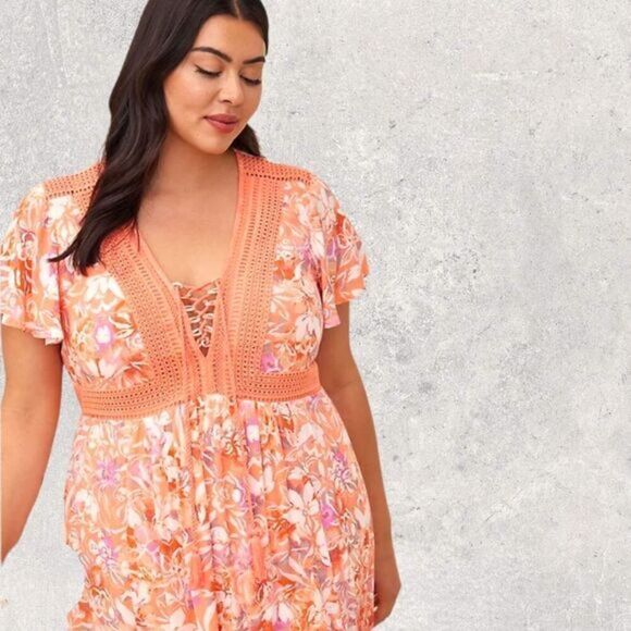 TORRID PLUS SIZE LACE- UP TEA LENGTH CRINKLE GAUZE FLORAL CORAL DRESS. - Picture 1 of 16